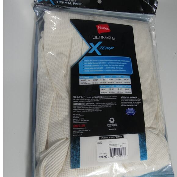 Hanes Ultimate X-temp Thermal Pant Large (38-40) Tagless Ivory New - Picture 3 of 4
